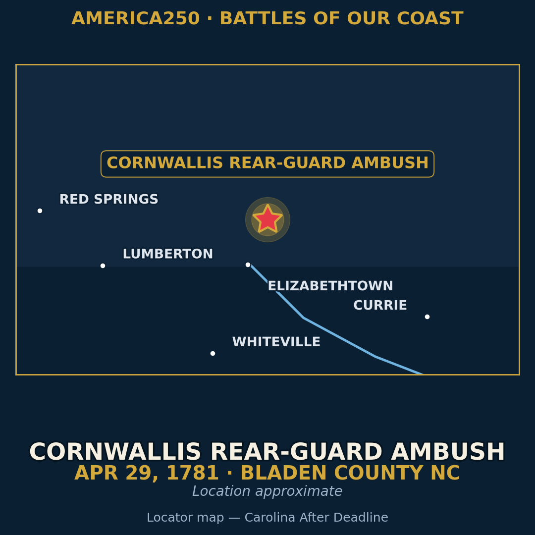 Locator map: Cornwallis Rear-Guard Ambush, April 29, 1781