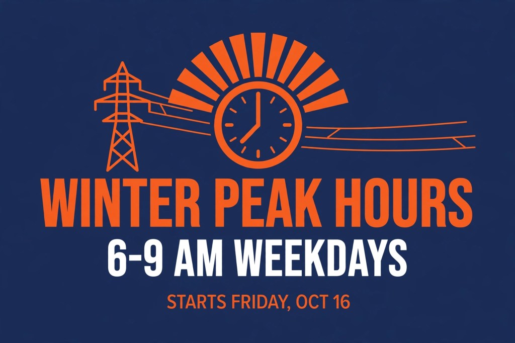 Graphic: Winter peak hours, 6–9 AM weekdays, starts Friday, Oct 16.