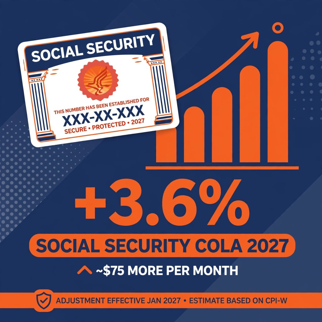 AI-generated graphic: +3.6% Social Security COLA 2027 — ~$75 more per month, adjustment effective Jan 2027
